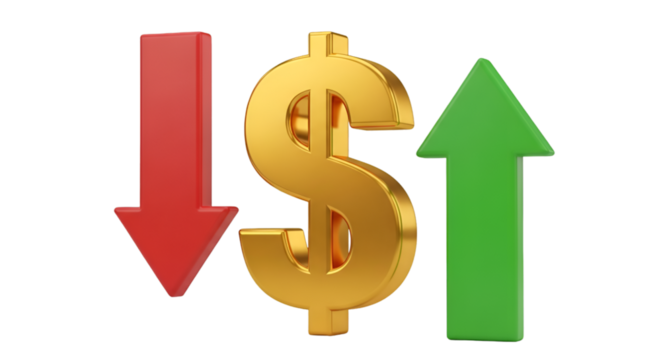Gold Dollar Sign with Red Down Arrow and Green Up Arrow