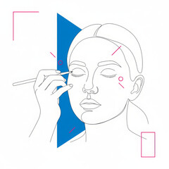 Woman applies cosmetic makeup with brush, beautiful minimalist line art illustration. She maintains calm, focused expression during her self care beauty routine for eyeliner and eyeshadow