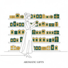 Happy woman enjoys shopping, browsing shelf filled with elegant gift box options inside modern store. She feels joyful anticipation while choosing perfect present, appreciating aromatic collection