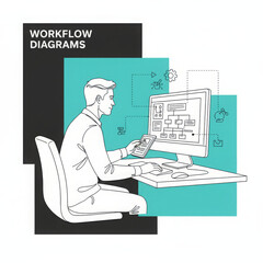 Focused man efficiently manages business workflow diagram his computer, utilizing technology for project planning and management modern office environment. professional displays concentration