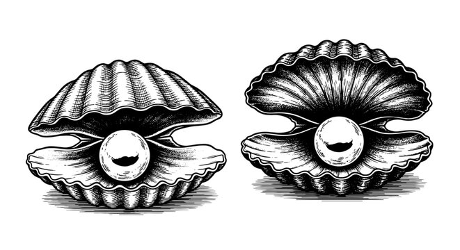 Elegant Engraved Oyster Shells Holding Luminous Pearls: Vintage Marine Treasure, Luxurious Jewelry Component & Mystical Underwater Gemstones for Coastal Decor, Wedding Invitations, and Antique-Inspire