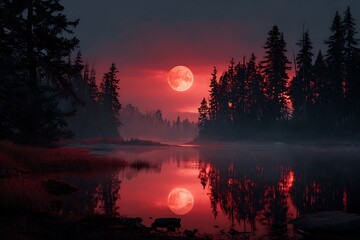 Fototapeta premium a glowing red moon above lake