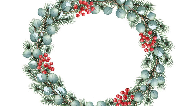 Watercolor wreath of fir branch, eucalyptus leaf, red berry and snow, creating a festive circle, representing nature, winter season and holiday spirit