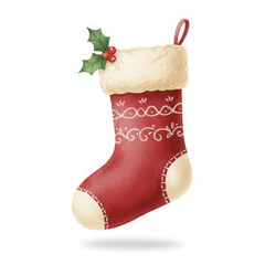 Traditional red Christmas stocking with soft white fluffy cuff and green holly leaves adorned with vibrant red berries. It represents joyful anticipation of holiday celebrations and festive cheer