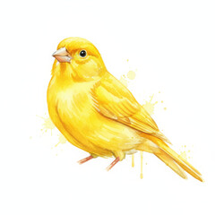 Vibrant yellow bird, possibly small canary, stands cheerfully in watercolor illustration. Its bright feather detail and artistic splatters create delightful nature artwork