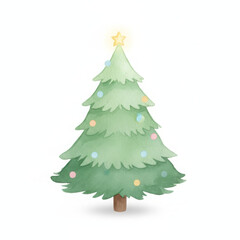 Cheerful watercolor Christmas tree stands adorned with colorful lights and golden star, celebrating festive spirit of winter holidays. This lovely illustration evokes joy and warmth, perfect