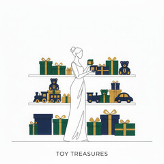 Elegant woman finds joy while shopping for delightful gifts and playful toys. Her happy anticipation is evident amidst beautifully wrapped holiday treasures on store display
