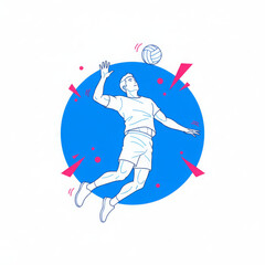Energetic male volleyball player jumping to spike ball with power and determination. Dynamic illustration showing an athlete in mid air, focusing on sport, activity, and healthy competition