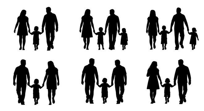 Silhouette Family Walking Together: Parents Holding Child's Hands in a Modern City Park Setting for Generational Support, Lifestyle, and Healthcare Concepts Illustration, Presentation, Web Design, and