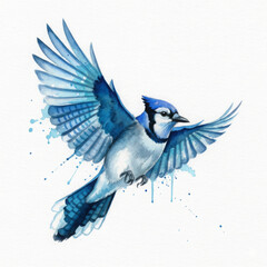 Vibrant blue jay graceful flight, painted beautiful watercolor style with artistic splatters, conveying freedom and joy. bird wings are spread wide against clean white background, creating dynamic