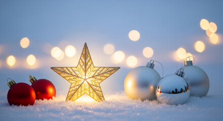 Image of a golden star and red, silver ornaments on snow, against lights. Represents the festive holiday season, celebration, and joyful mood