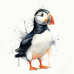 Joyful puffin bird, an atlantic seabird, charming watercolor illustration artwork. Expressive animal wildlife image captures marine creature with happy and content expression, standing peacefully