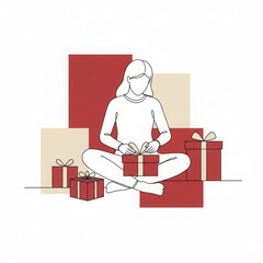 Joyful woman focuses carefully wrapping festive red gift, surrounded by other presents. minimalist illustration, with its serene setting and warm red and beige blocks, conveys cheerful holiday
