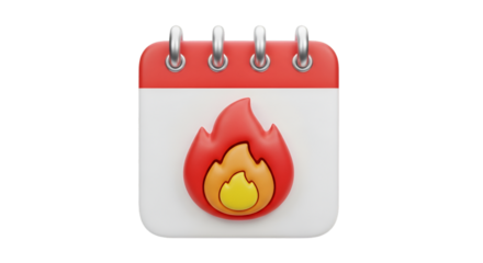 Red and White 3D Calendar Icon with Fiery Flame Symbol