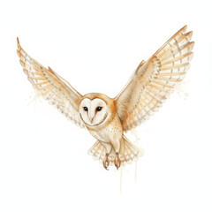 Majestic barn owl with wings gracefully spread, captured mid flight against clean white background. Detailed watercolor illustration conveys beauty and freedom of wild avian life, perfect