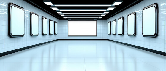 Modern interior with framed panels creates pure minimalism as aligned geometry and steady illumination build futuristic structure reducing spatial tension in bright corridor