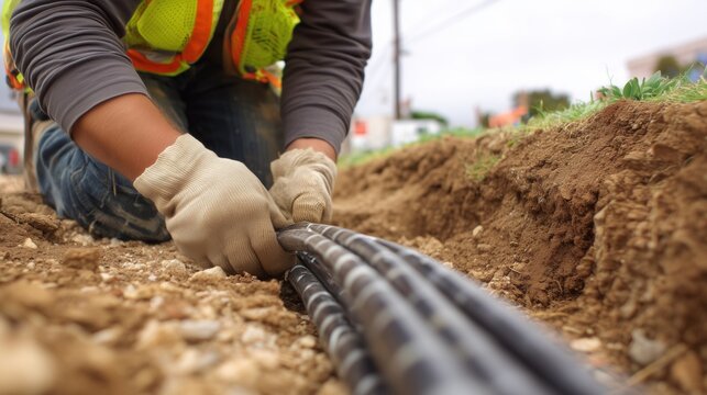 Fiber Optic Cable Installation: Technician Laying Cables in a Trench for High-Speed Internet