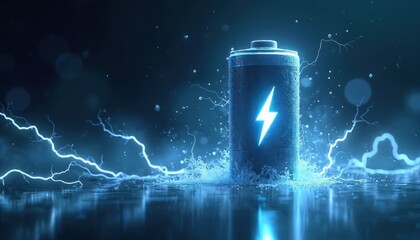 Illustration of a battery with energy lightning bolt sign. Modern tech for power storage and renewable energy concept. Environmentally friendly solution for future electricity.