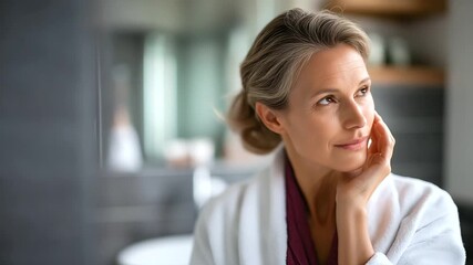 Female looking at wrinkles in mirror face partially visible aging concern anti aging awareness skin care need beauty consciousness wrinkle worry cosmetic concern bathroom