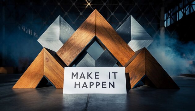 Motivational message Make It Happen displayed on a sign in front of a powerful wood and metal sculpture representing corporate ambition, leadership, and determination