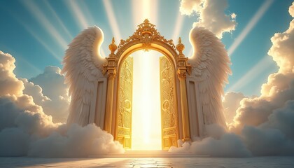 Ornate golden gate with angel wings opens to heaven. Clouds and bright light suggest afterlife. Spiritual symbol for faith hope and belief in God. Heaven opens way.