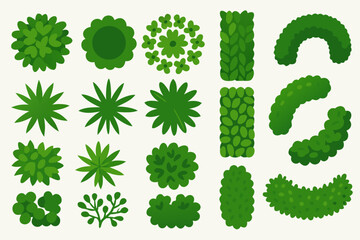 Landscaping vegetation icons for garden design, fresh green bushes and trees for map elements and landscaping projects