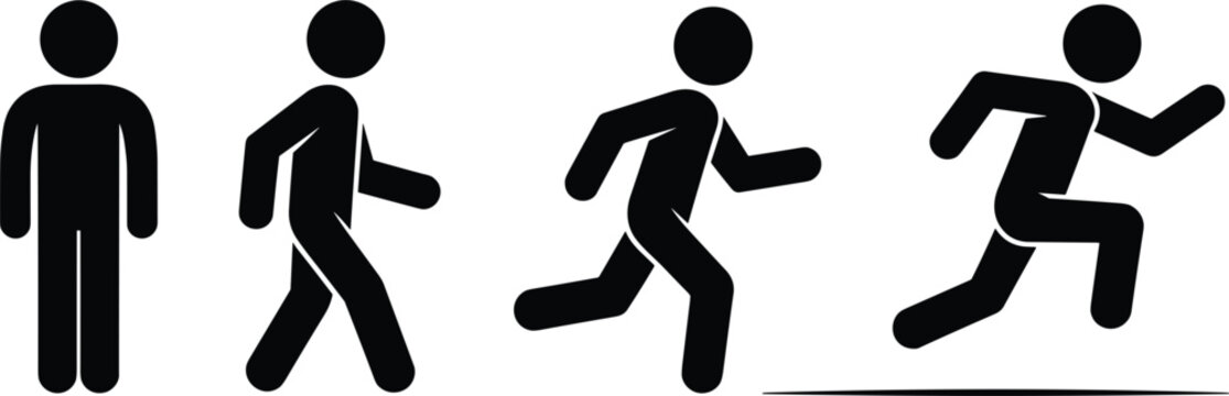 Four black stick figures showing progression from standing to running person human