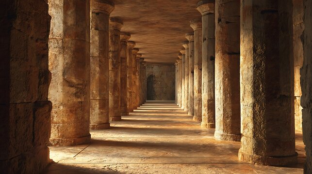 Explore the ancient corridor with imposing columns bathed in golden light