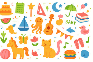 Cute vector collection of colorful baby and kids toys with happy vibes, perfect for nursery decor and playful designs
