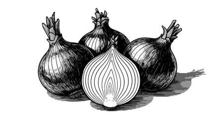 Pile of Fresh Onions Displayed with a Halved Bulb, Ideal for Culinary Art, Food Presentation, Grocery Marketing, and Nutritional Guides – Vintage Hatching Style, Black and White Detailed Engraving, Bo