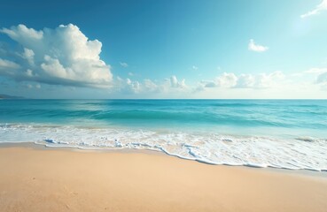 Fototapeta premium Calm sea waves wash tropical sandy beach under blue sky with clouds. Beautiful turquoise ocean water and empty shoreline create peaceful seascape. Paradise background for summer vacation travel.