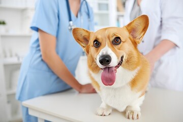 Corgi dog at vet clinic for checkup happy and healthy pet care examination
