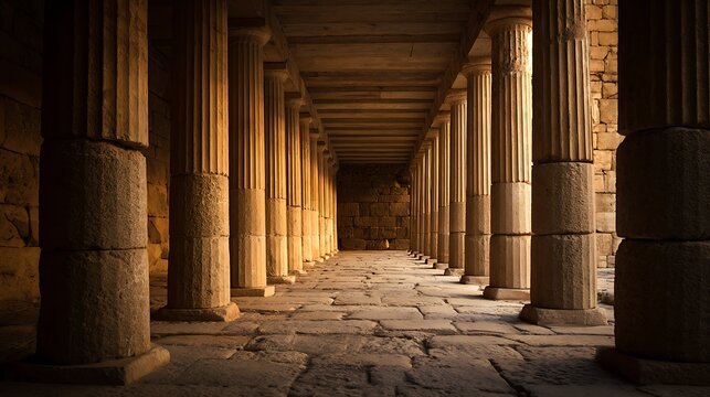 Stunning ancient temple corridor with stone columns bathed in warm light