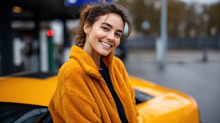 Smiling Woman with Yellow Car | Lifestyle Stock Photo