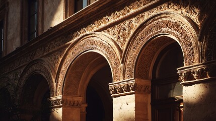 Stunning carved arches glow with golden light in historic architecture
