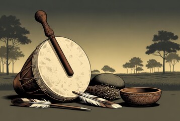 Ancient Energy: Shaman drum resting near ceremonial tools in sacred clearing backdrop
