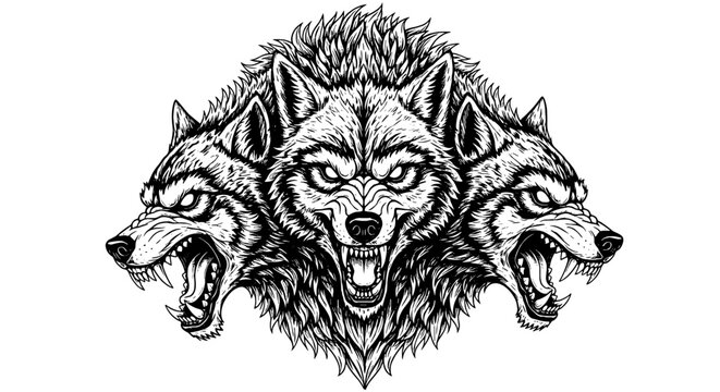 Three-Headed Wolf Cerberus Growling Ferociously in Dark Fantasy Realm, Guarding Gates, Symbolizing Protection and Power,  Detailed Line Art Illustration for Gaming, Mythology, Horror Projects, Hallowe