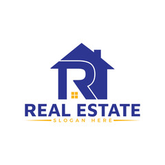 Blue real estate logo design featuring the letter r integrated into a house silhouette with text slogan isolated on white background