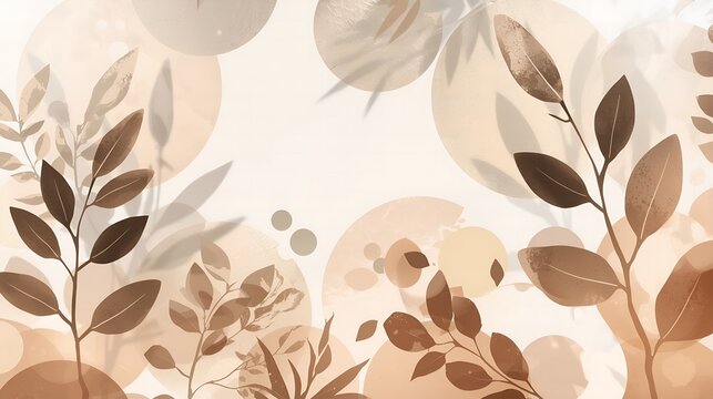 Stylized Leaves Framed by Warm Neutrals and Translucent Circles
