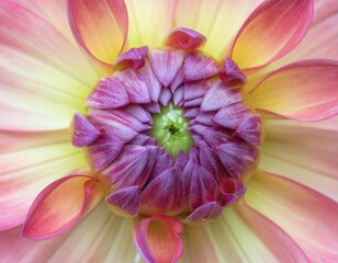 Close-up of a dahlia flower with pink, yellow, and purple petals.