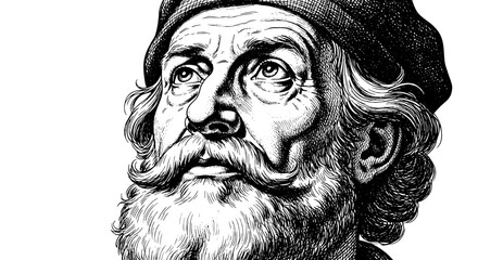 Detailed Pen-and-Ink Portrait of a Bearded Scholar Gazing Upward in Thought, Illustration Artwork in a Classic Style, Ideal for Education, Literature, Philosophy, History Books, Presentations, and Old