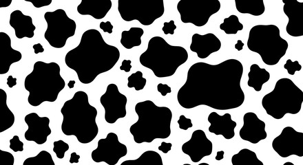 Fototapeta premium Seamless Cow Spots Pattern Background for Branding, Fashion, and Design Projects, Featuring Black Irregular Shapes on White, Perfect for Textiles, Wrapping Paper, and Modern Wallpaper, Animal Print De