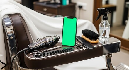 Hair salon workplace with essential cutting tools and a smartphone featuring a green screen placed on the armrest of a barber chair