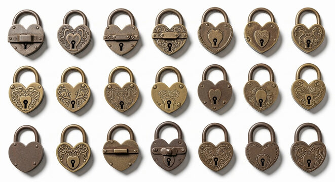Grid arrangement of various vintage heart-shaped padlocks with different engravings and finishes.