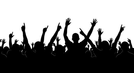 Excited Crowd Silhouette Celebrating at Concert Event with Raised Hands, Cheering Audience Enjoying Live Music Performance in Nightlife Scene, Symbolizing Enthusiasm, Unity, and Collective Joy, Suitab