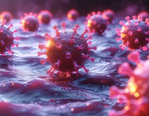 Detailed view of a coronavirus cell with spike proteins.