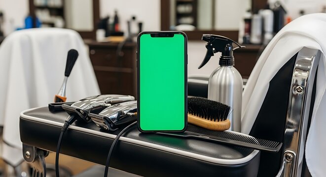 Smartphone with a green screen mockup on a professional barber chair surrounded by hairdressing tools in a modern salon
