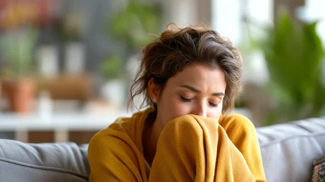 Exhausted woman resting on couch face partially hidden burnout fatigue mental exhaustion stress relief chronic tiredness rest and recovery self care moment living room def