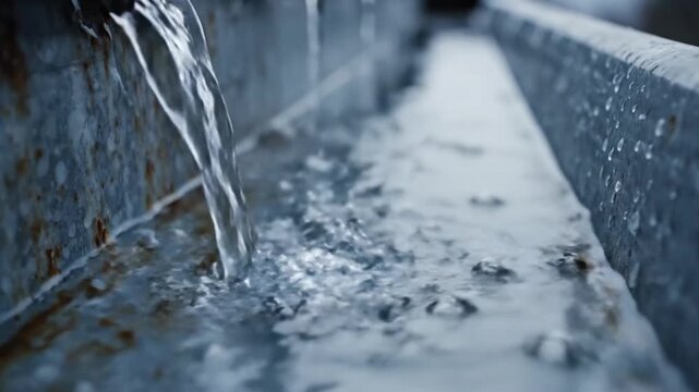 Rainwater flowing into metal gutter with rippling surface  