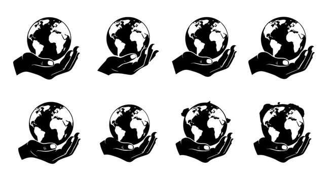 Protecting the Earth Icons: Hands Holding Globe Illustration Set, Representing Conservation, Environmental Stewardship, and Global Responsibility. Ideal for Corporate Social Responsibility Initiatives